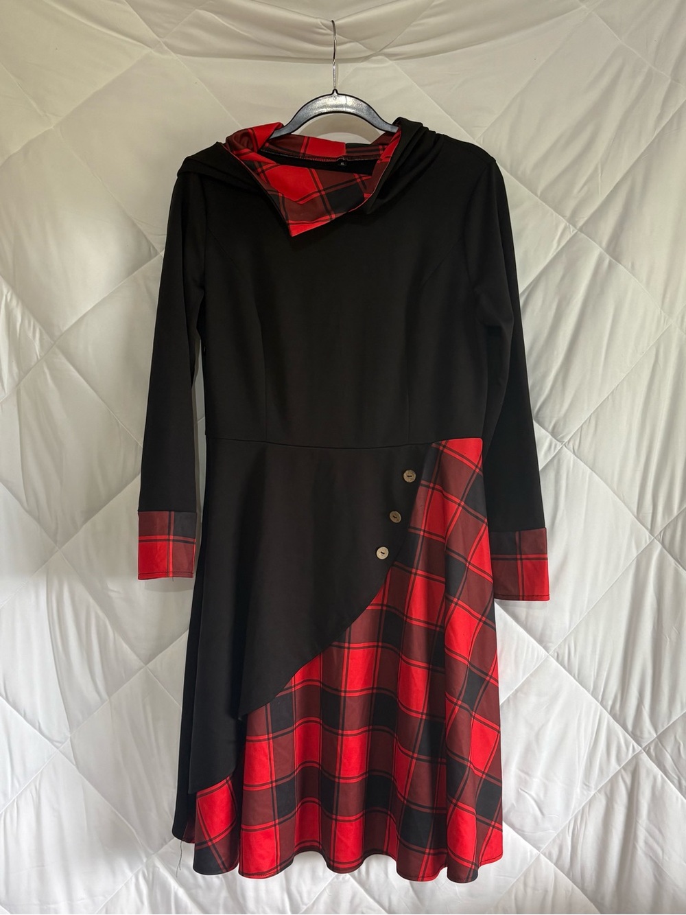 Black & Red Plaid Hooded A-Line Dress